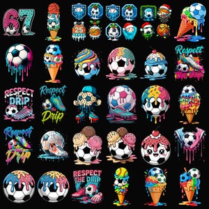 Puede incluir: Una colección de gráficos coloridos con temática de fútbol. Los diseños incluyen balones de fútbol como conos de helado, con goteos derretidos y combinados con otros equipos deportivos. También aparece la frase "Respect the Drip".