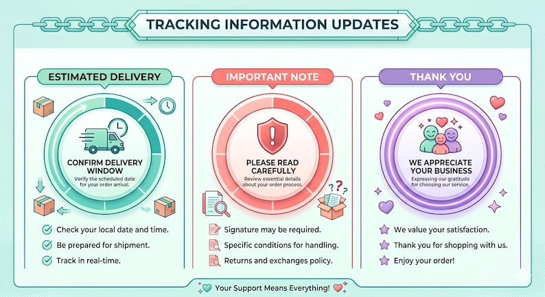 May include: An informational graphic titled TRACKING INFORMATION UPDATES with three sections: ESTIMATED DELIVERY featuring a truck icon, IMPORTANT NOTE with a shield icon, and THANK YOU with a group icon. The design uses pastel colors and icons.