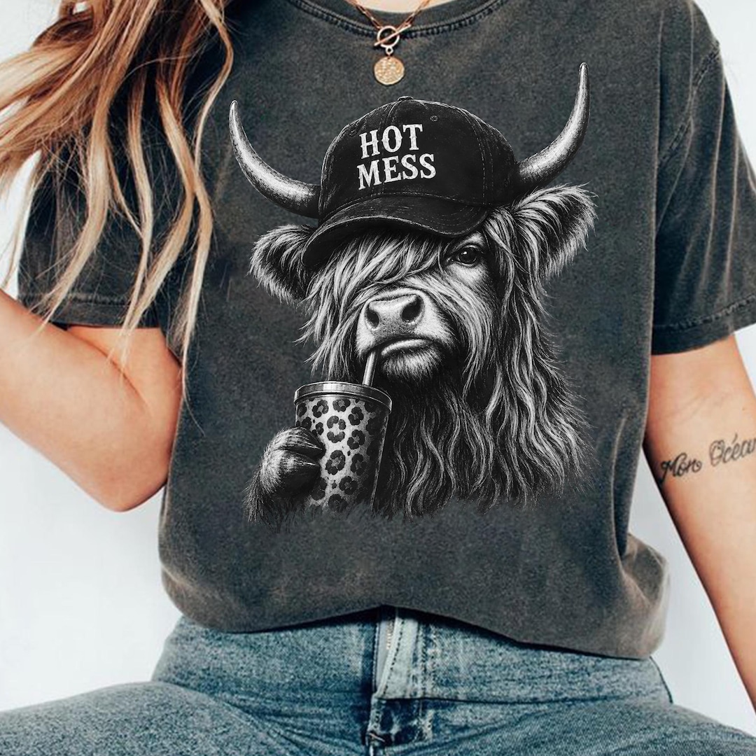 Comfort Colors® Hot Mess Highland Cow Shirt, Funny Cow Tee, Coffee Lover Gift, Cute Countr