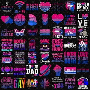 May include: A collection of digital stickers featuring bisexual pride themes, including hearts, butterflies, cassette tapes, frogs, and text slogans like 'Bi-Fi', 'Proud of My Daughter', 'I Put the Bi in Bitch', and 'Love is Love' in pink, purple, and blue.