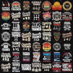 May include: A collection of black and white graphic designs with the text "Classically Trained". The designs feature car parts, including gear shifts, pedals, and retro gaming controllers. The overall theme is automotive and vintage.