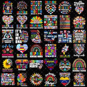 May include: A collection of colorful Hispanic Heritage Month designs on a black background. The designs include hearts, flags, flowers, and text such as "Hispanic Heritage Month" and "National Hispanic Heritage".