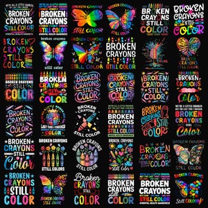 Può includere: Una collezione di trenta disegni grafici su sfondo nero, ognuno con il testo Broken Crayons Still Color in vari caratteri colorati, accompagnato da illustrazioni di farfalle, pastelli, fiori e cervelli per la salute mentale.