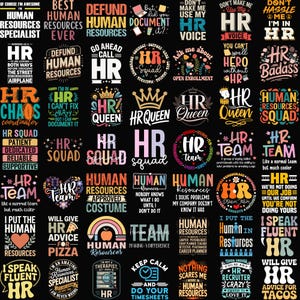 Peut inclure: Plusieurs motifs sur le thème des RH sur fond noir. Les motifs présentent du texte tel que « HR Squad », « Human Resources » et des phrases humoristiques. La palette de couleurs comprend le blanc, le noir et diverses autres couleurs.
