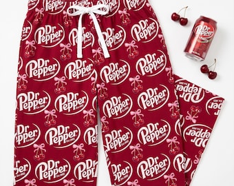Satijnen pyjamabroek met Dr Pepper-print, zijden loungebroek met kersenstrik, schattige slaapbroek voor frisdrankliefhebbers, verjaardagscadeau voor haar Dr Pepper-fan