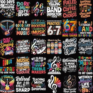 Puede incluir: Una colección de diseños coloridos con temática musical con texto y notas musicales. Los diseños incluyen frases como "Music Soothes My Soul", "I Teach Rockstars" y "Retired But Still Sharp". La imagen es un collage de varios elementos musicales.