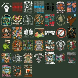 以下が含まれることがあります： 濃い緑色の背景にグラフィックデザインのコレクション。デザインには、「Abolish ICE」、「No Human is Illegal」、「Chinga La Migra」などのフレーズを含むさまざまなテキストとイラストが使用されています。画像には、スカル、花、政治的声明が含まれています。