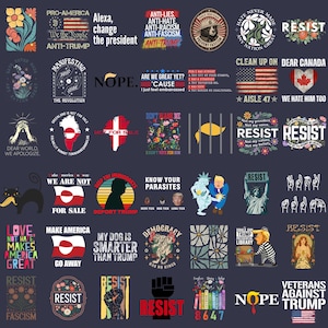 Puede incluir: Una colecci&oacute;n de dise&ntilde;os gr&aacute;ficos con temas pol&iacute;ticos y de justicia social. Los dise&ntilde;os incluyen textos como "Resist", "Anti-Trump" y "Deport Trump", junto con varias ilustraciones y s&iacute;mbolos.