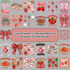 Può includere: Una collezione di grafiche a tema fragola rosa e rosse. I disegni includono fragole con fiocchi, cestini di fragole e testo come "Feeling Berry Good" e "Strawberry Festival". Il testo centrale recita "Cute Strawberry Coquette Bow Pink Strawberries PNG Bundle."