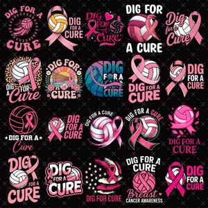 以下が含まれることがあります： ピンクのリボンと「Dig for a Cure」の文字が入った、バレーボールをテーマにしたデザインのコレクション。デザインには、バレーボール、リボン、そして黒い背景に「Breast Cancer Awareness」というフレーズが含まれています。