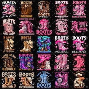 May include: A collection of colorful cowboy boot designs with text that reads "Boots on the Ground" and "Where Them Fans At." The boots are decorated with flowers, animals, and other graphics. The color palette includes pink, brown, blue, and purple.
