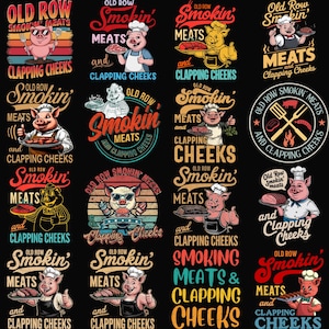 May include: A collection of sixteen graphic designs featuring cartoon pigs in chef hats, holding meat platters, and wearing sunglasses. The designs use a vintage color palette and include the text "Old Row Smokin' Meats and Clapping Cheeks."