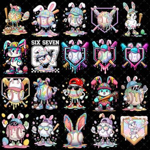 May include: A collection of colorful baseball-themed Easter bunny illustrations. Each bunny is designed as a baseball with bunny ears, wearing hats and sunglasses, and holding baseball bats or eggs. The background is black.