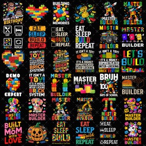 Op de afbeelding: Een verzameling grafische ontwerpen met kleurrijke bouwsteenmotieven, stripfiguren en tekstzinnen zoals 'Master Builder', 'Eat Sleep Build Repeat' en 'It Isn't A Toy', allemaal geplaatst tegen een effen zwarte achtergrond.