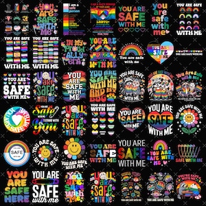 May include: A collection of colorful graphic designs with the text "You Are Safe With Me" and LGBTQ+ pride symbols. Designs include rainbows, hearts, flags, and smiling faces. The images are on a black background.