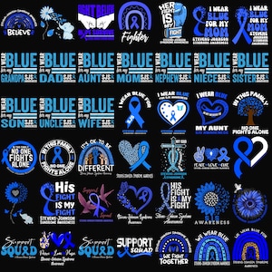 May include: A collection of blue-themed graphic designs for Stevens-Johnson Syndrome awareness, featuring various slogans, awareness ribbons, hearts, sunflowers, rainbows, and family-oriented text on a black background for apparel printing.