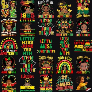 May include: A collection of Juneteenth-themed graphics featuring illustrations of young girls with afro hairstyles, adorned with bows and accessories. The designs incorporate the colors red, yellow, green, and black, with text that reads "Little Miss Juneteenth".