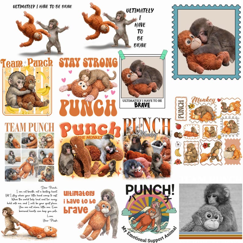 Punch Baby Monkey PNG Bundle, Viral Emotional Plush Monkey Pack, Lonely Cute Wildlife Graphics, Dear Punch Inspired Digital Download image 1