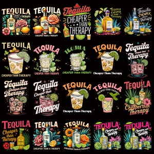 Puede incluir: Una colección de ilustraciones coloridas con botellas de tequila, cócteles y adornos como limas y flores. Cada diseño incluye la frase "Tequila Cheaper Than Therapy" sobre un fondo negro.