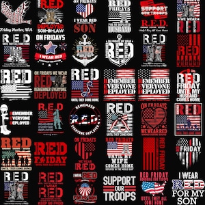 以下が含まれることがあります： 「Remember Everyone Deployed」、「Support Our Troops」、「Red Friday」などのテキストが特徴の、赤、白、青の愛国的なデザインのコレクション。デザインには、アメリカ国旗、ハート、軍事テーマのグラフィックが含まれています。