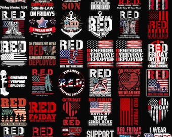 May include: A collection of patriotic designs in red, white, and blue, featuring text like "Remember Everyone Deployed," "Support Our Troops," and "Red Friday." The designs include American flags, hearts, and military-themed graphics.