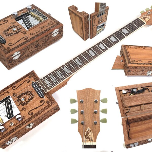 Mahagoni 6-Saitige 2 Tonabnehmer Elektrische Öffnung Gravierte Körper Zigarrenkiste Gitarre