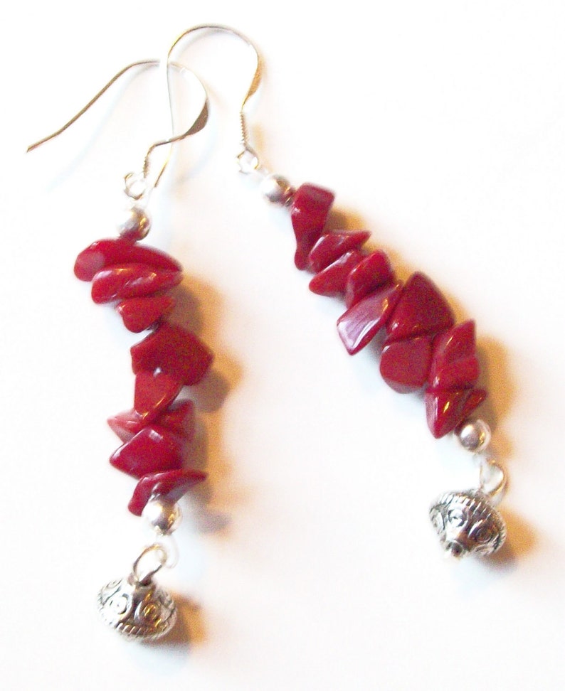 Red Stone Earrings with Silver Spacer Bead Dangles ID 173 Etsy