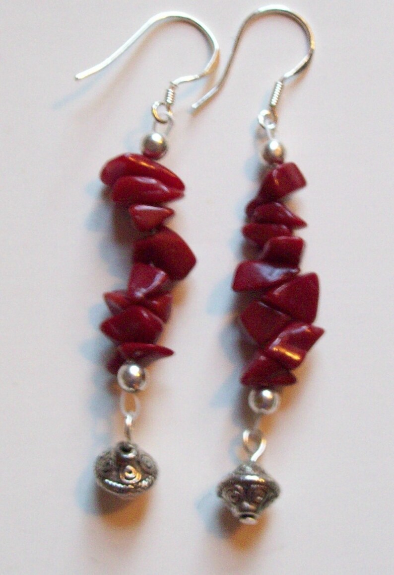 Red Stone Earrings with Silver Spacer Bead Dangles ID 173 Etsy
