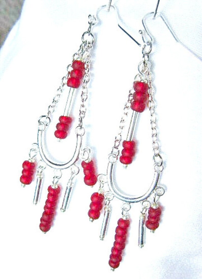 Chandelier Earrings Red Glass Seed Bead and Silver ID 216 Etsy