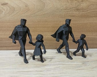 Hero Dad Walking with Son/Daughter | 3D Printed Father's Day Gift | PLA Figurine | Black