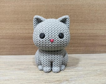 3D Printed Knitted Cat Figurine - PLA Desk Decor