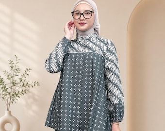 Blusa feminina cinza batik, túnica de algodão, modelo discreto para o escritório.