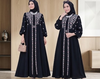 刺繍入りイスラム教徒ドレス – Ceruty ベビードール アバヤ、花柄イード衣装