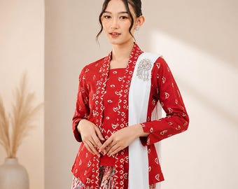 Modern Red Kutubaru Kebaya Set | Indonesian Batik Outfit