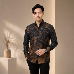 indonesian dress shirt Men's Batik Shirt Blue Long Sleeve Unique Pattern