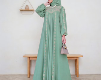 Embroidered Maxi Abaya Dress – Ceruty Babydoll, Modest Kaftan, Boho Muslim Style