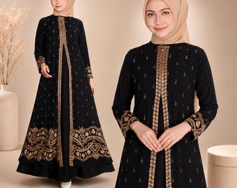 Luxury Turkish Abaya Dress with Beaded Embroidery, Modest Gown