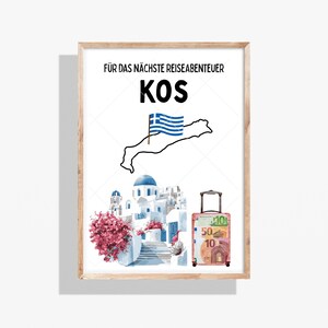 May include: A framed print featuring the word "KOS" with a Greek flag and island outline. The image includes a watercolor illustration of a Greek village with blue-domed buildings and a suitcase with Euro banknotes.