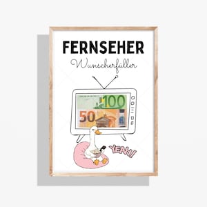 May include: A framed print featuring a white goose sitting on a pink beanbag chair, holding a bowl of popcorn and a remote. Above, a television displays 50 and 100 Euro banknotes. The text reads FERNSEHER Wunscherfüller and YEAH! in black and pink.