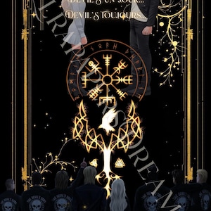 Puede incluir: Impresión artística digital con fondo negro y detalles dorados. La imagen presenta a un hombre apuntando con un arma a una mujer, con el texto "DEVIL'S UN JOUR... DEVIL'S TOUJOURS..." En la parte inferior, un grupo de personas visten chaquetas con logotipos de calaveras.