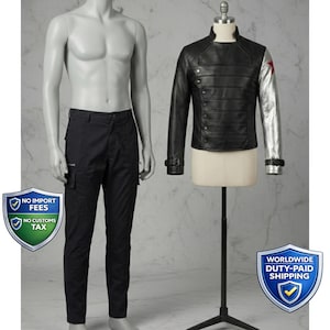 May include: A black leather jacket with silver sleeves and a red star emblem, displayed on a mannequin. Next to it, black cargo pants are shown on a separate mannequin. The background is a light, textured wall.