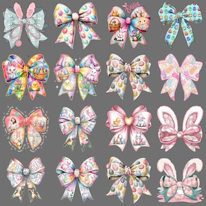 May include: A collection of sixteen colorful Easter-themed bows. The bows feature various designs, including Easter eggs, bunnies, chicks, and floral patterns. The bows are in shades of pink, blue, yellow, and green, with intricate details and textures.
