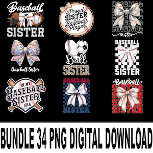 Op de afbeelding: Een verzameling digitale ontwerpen met een honkbalthema. De ontwerpen bevatten honkballen, strikken en tekst zoals "Baseball Sister" en "Proud Sister of a Baseball Player". De ontwerpen zijn in verschillende kleuren en stijlen.