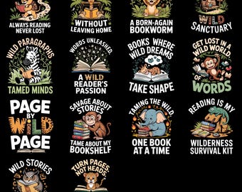 Locos por la lectura PNG Animales del zoológico Amante de los libros Clipart, Divertido Safari Niños Retro Descarga digital