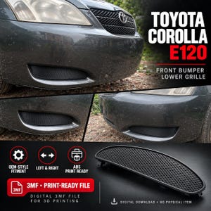 Peut inclure: Une grille inférieure de pare-chocs avant noire à motif maillé pour Toyota Corolla E120. L'image montre la grille installée sur un véhicule gris foncé et sous forme de fichier numérique 3D prêt à imprimer. Texte inclus Toyota Corolla E120.