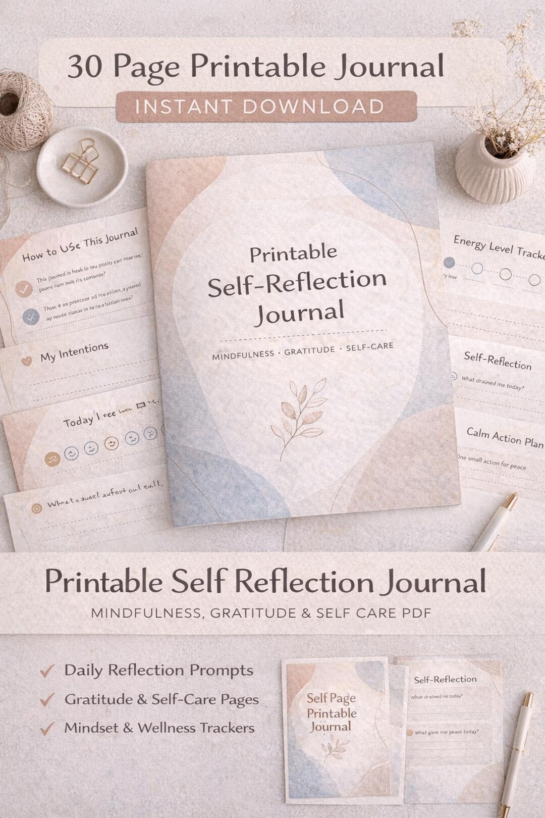 Printable Self Reflection Journal | 30 Page Guided Wellness Journal ...