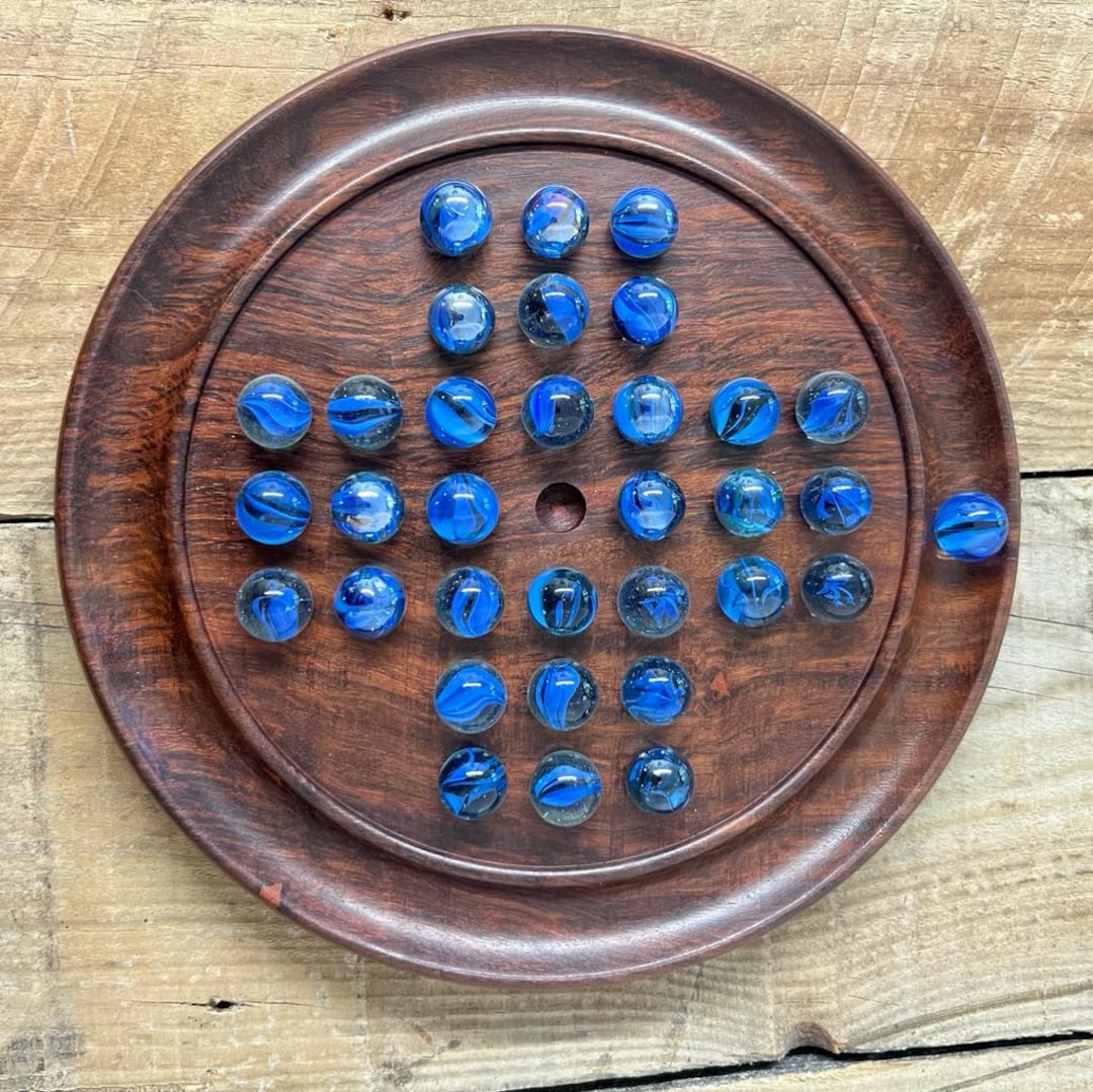 Solitaire Set Polished Wooden Solitaire Set With Traditional Blue Marbles - 22cm ...