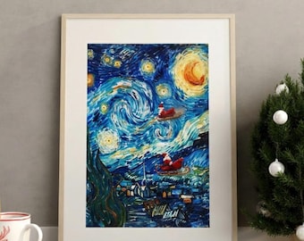 May include: Framed art print depicting a Christmas-themed interpretation of Van Gogh's "Starry Night." The artwork features Santa Claus in a sleigh, set against a swirling blue and yellow night sky. The print is in a light-colored wooden frame.