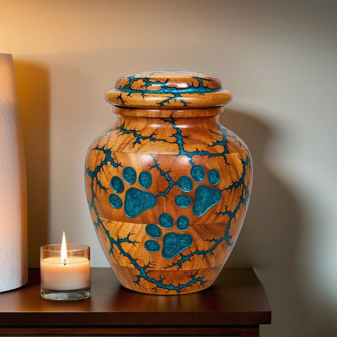 Handcrafted Wooden Pet Memorial Urn With Blue Paw Print Personalized ...