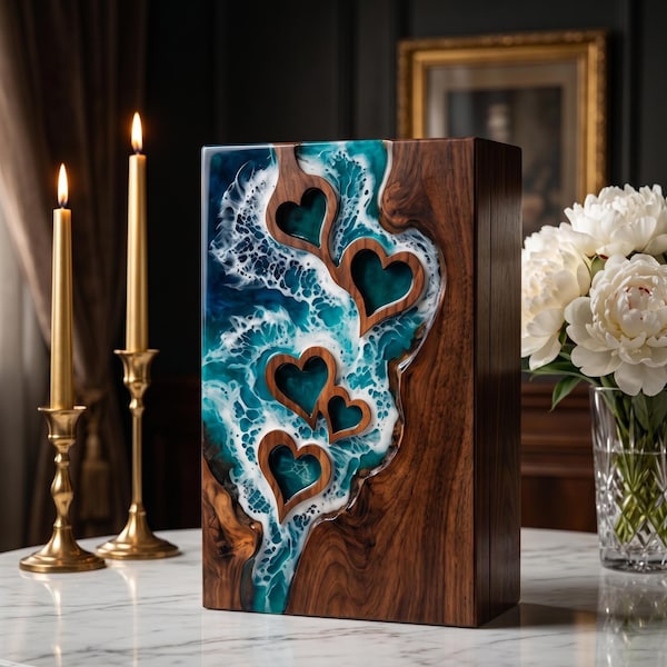 Ocean Resin Heart Urn for Ashes – Handcrafted Wooden Heart Cremation Urn with Blue Resin – Personalized Memorial Keepsake
